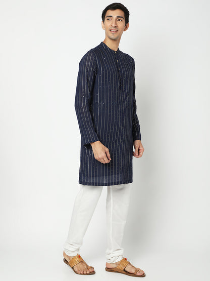 Men's Navy Blue Polyester Embellished Kurta