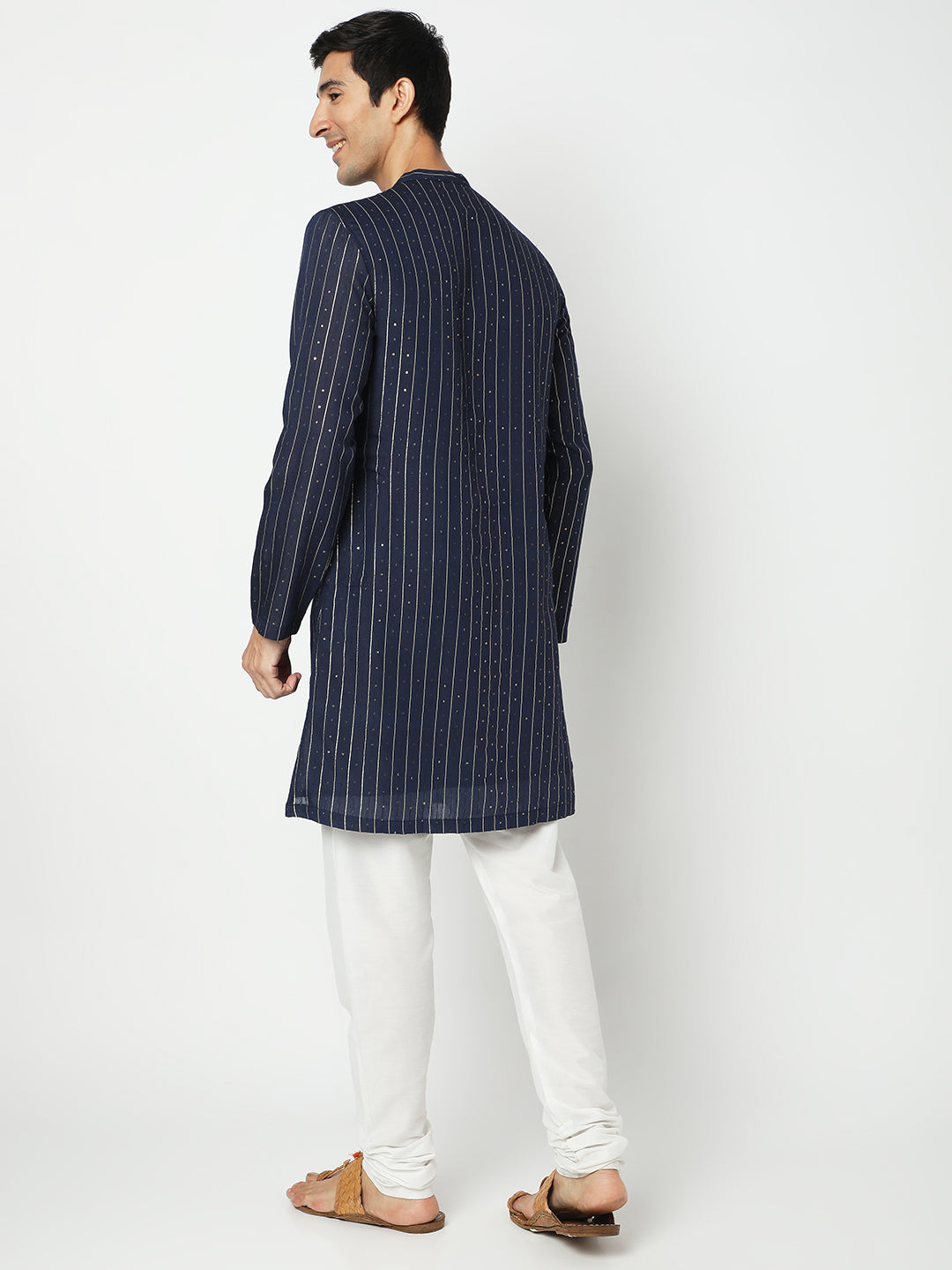Men's Navy Blue Polyester Embellished Kurta