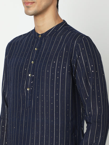 Men's Navy Blue Polyester Embellished Kurta