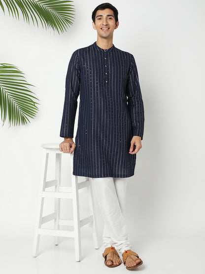 Men's Navy Blue Polyester Embellished Kurta
