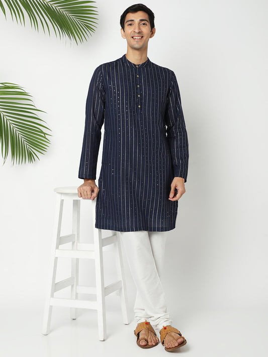 Men's Navy Blue Polyester Embellished Kurta