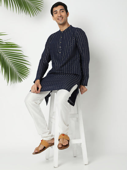 Men's Navy Blue Polyester Embellished Kurta