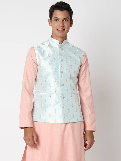Men Wearing Teal Blue Polyester Embroidered Jacket