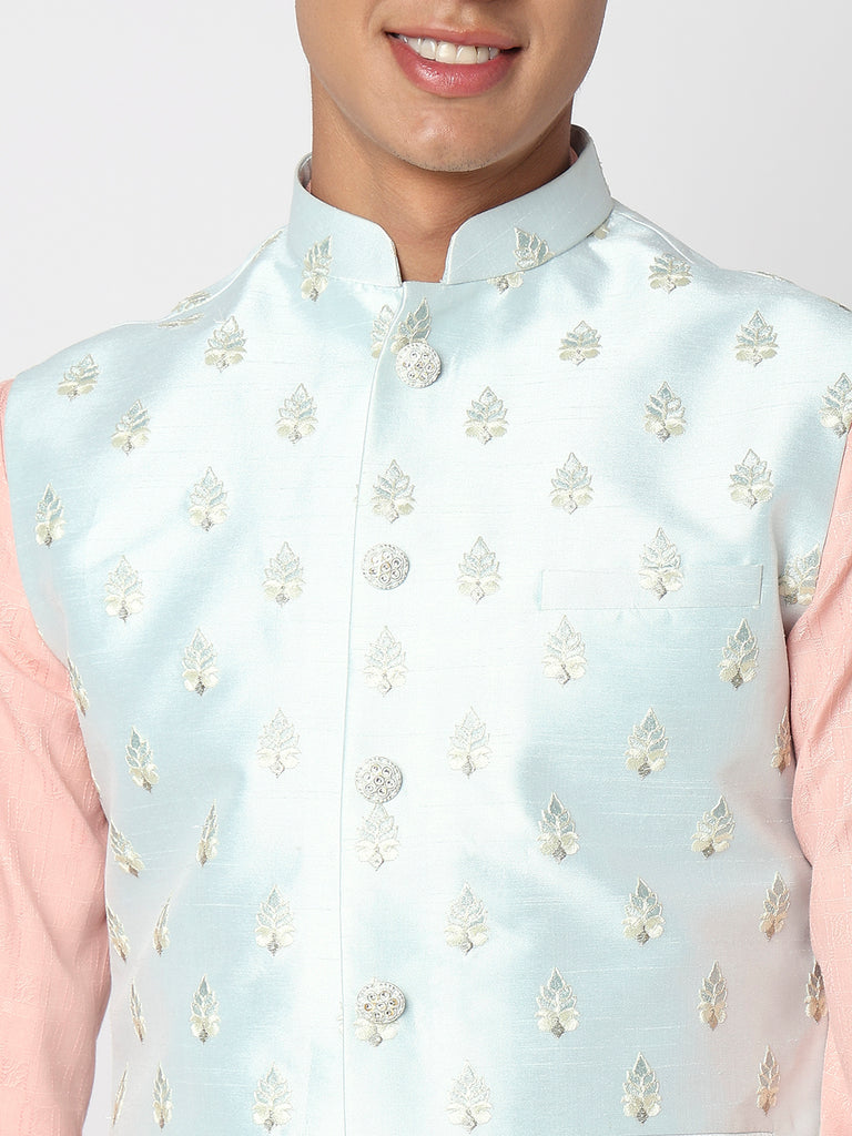 Men Wearing Teal Blue Polyester Embroidered Jacket