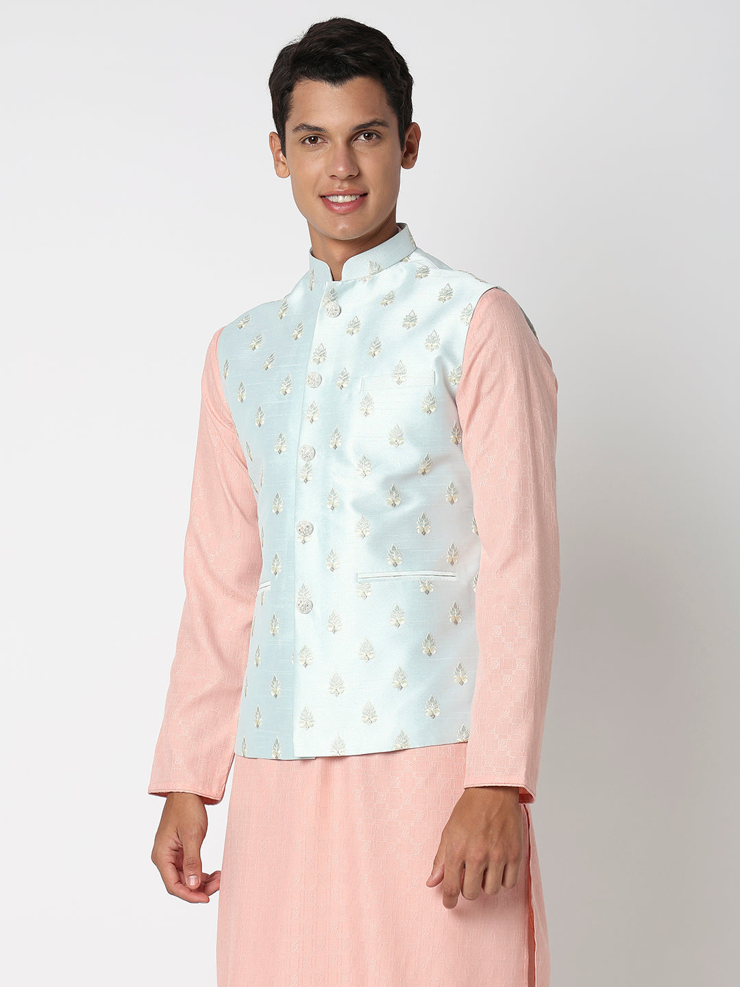 Men's Teal Blue Polyester Embroidered Jacket