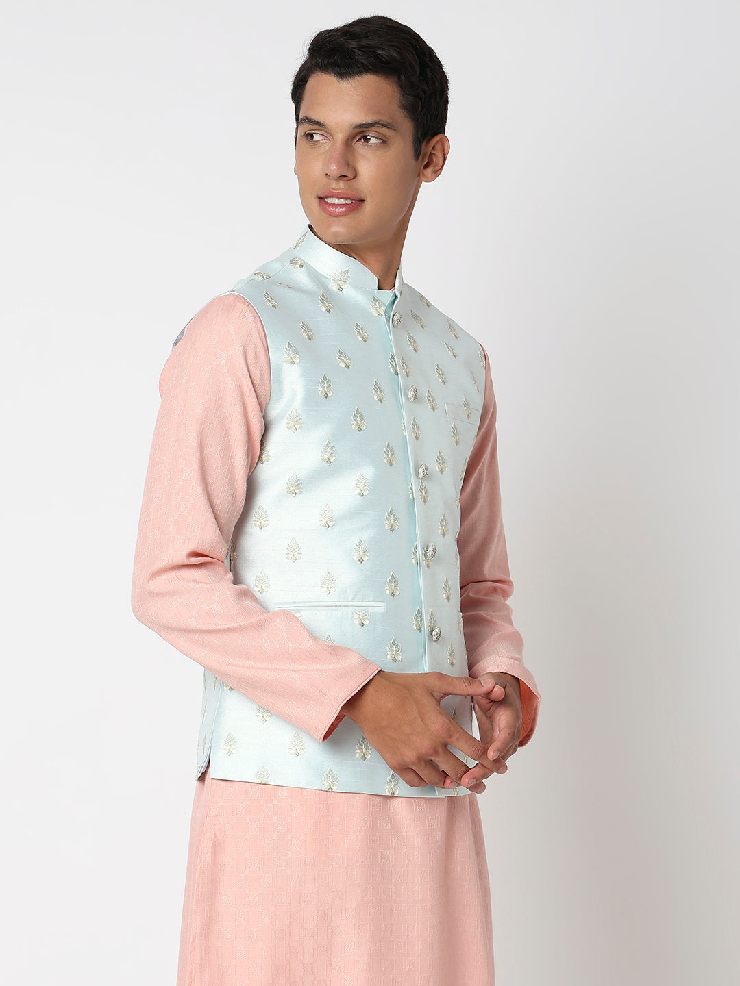 Men's Teal Blue Polyester Embroidered Jacket
