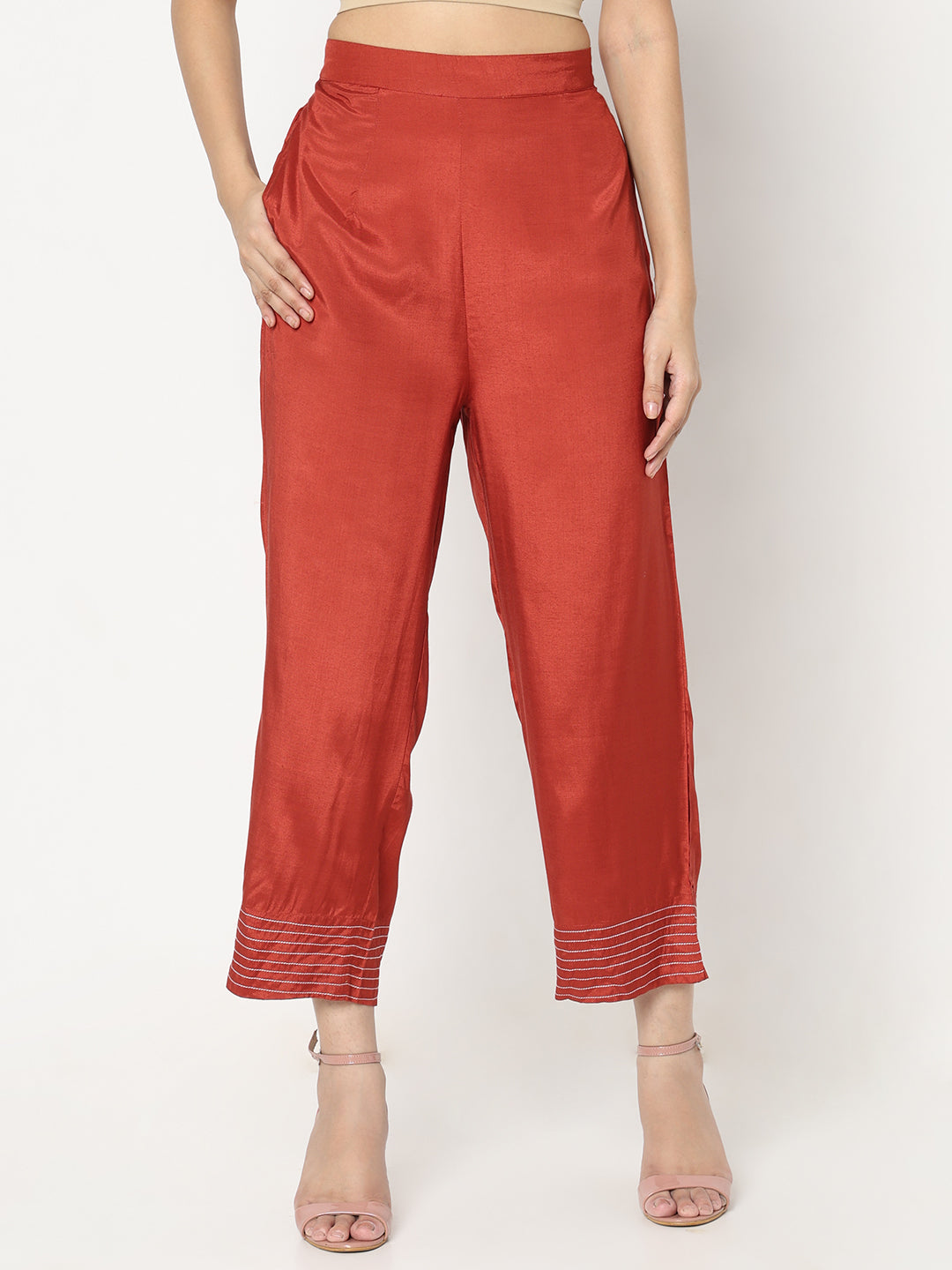 Straight Fit Solid Mid Rise Pants