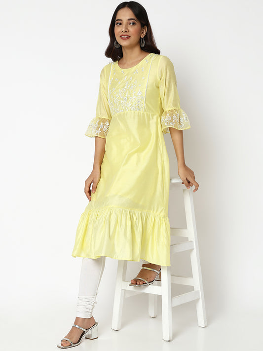 Women Wearing Flared Fit Embroidered Kurta