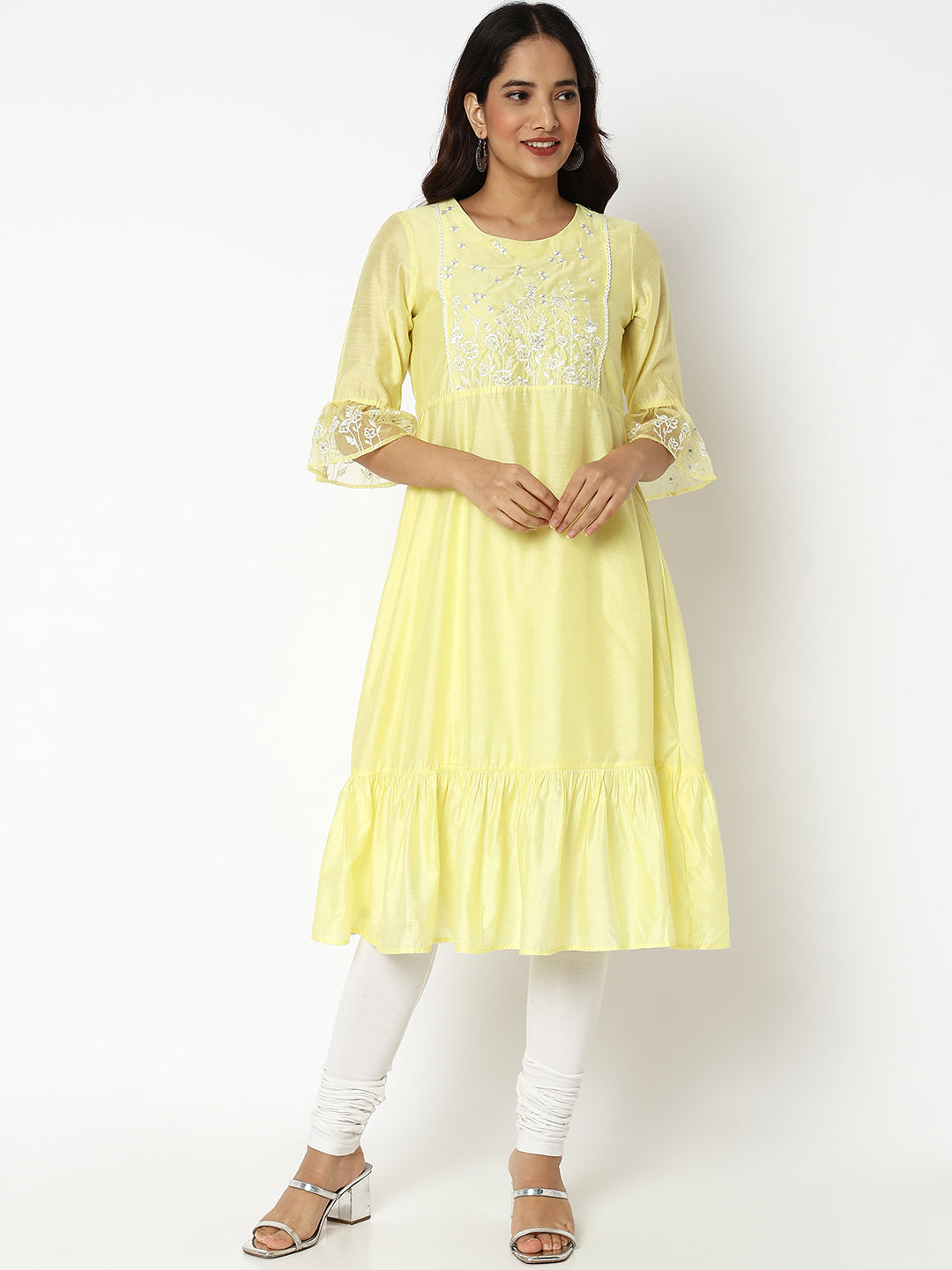 Women Wearing Flared Fit Embroidered Kurta
