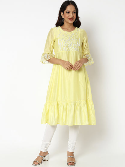 Women Wearing Flared Fit Embroidered Kurta