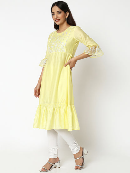 Women Wearing Flared Fit Embroidered Kurta