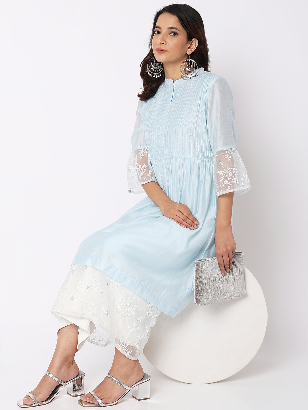 Nylangan Women Wearing Baby Blue Viscose Silk Embroidered Kurta