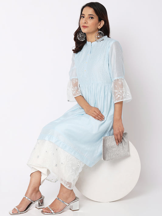 Nylangan Women Wearing Baby Blue Viscose Silk Embroidered Kurta