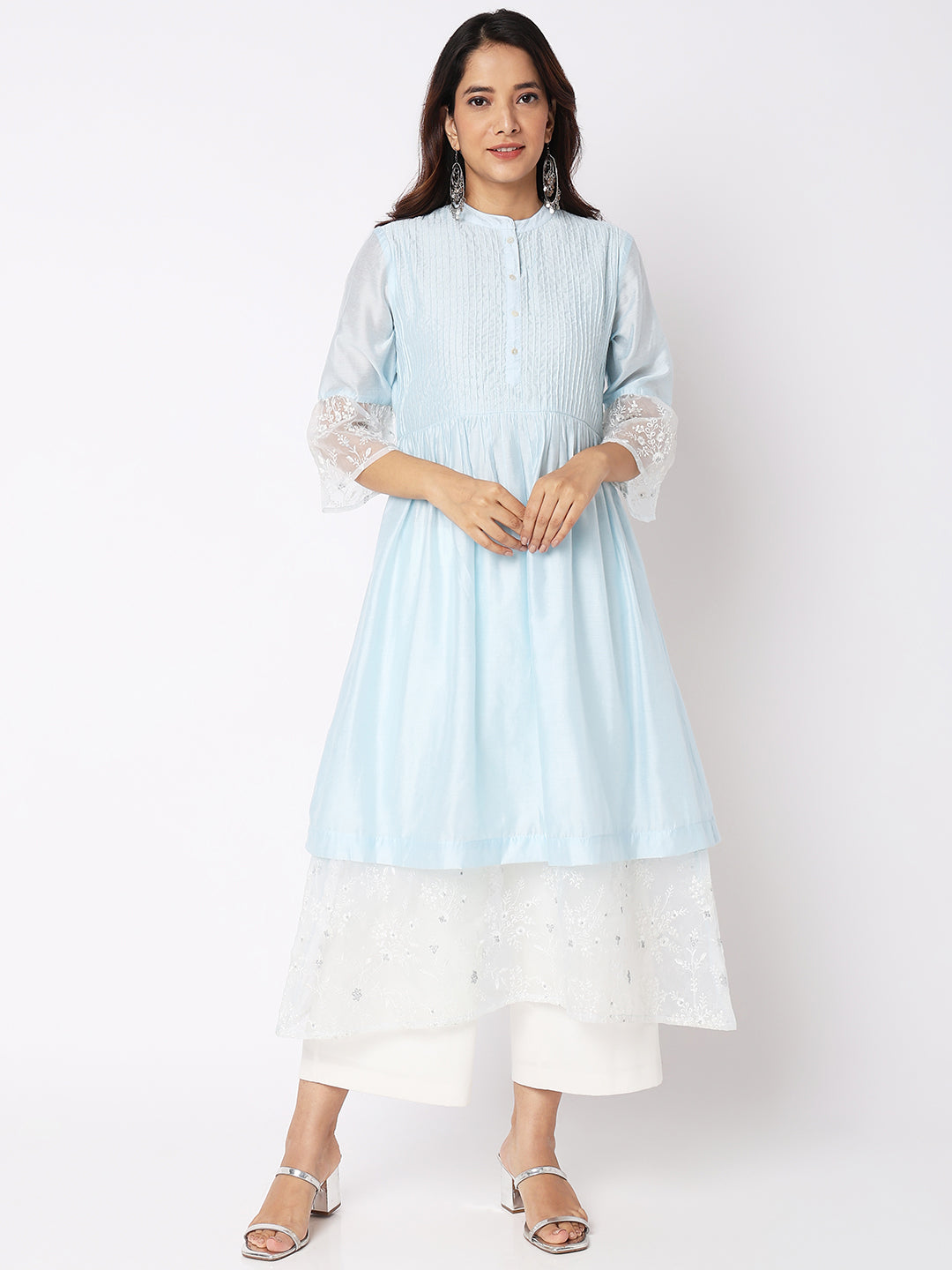 Nylangan Women Wearing Baby Blue Viscose Silk Embroidered Kurta
