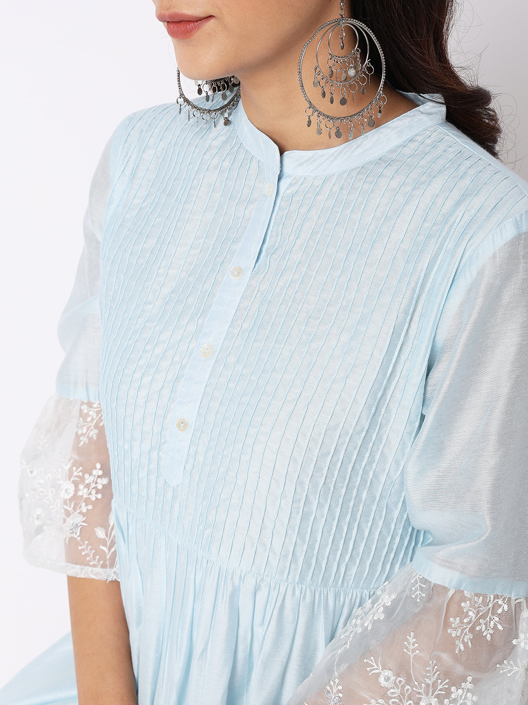 Nylangan Women Wearing Baby Blue Viscose Silk Embroidered Kurta