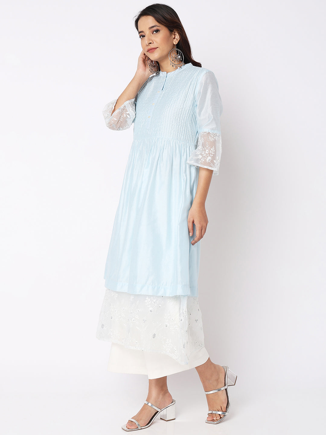 Nylangan Women Wearing Baby Blue Viscose Silk Embroidered Kurta