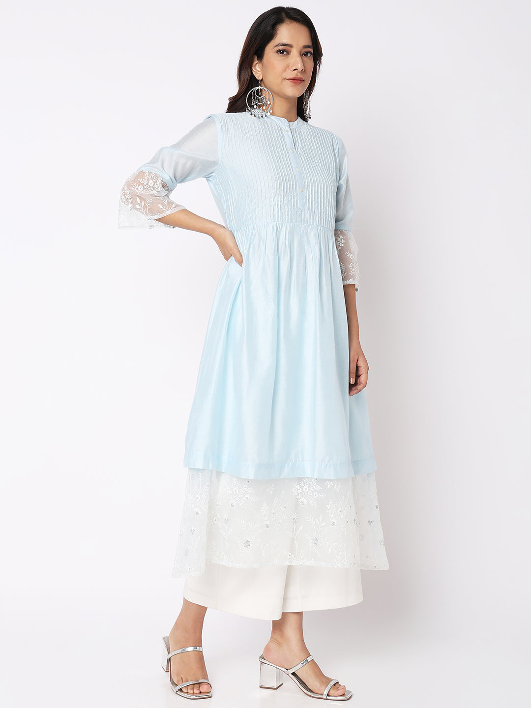 Nylangan Women Wearing Baby Blue Viscose Silk Embroidered Kurta