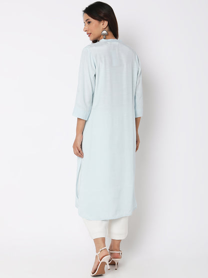 Nylangan Women Wearing Blue Viscose Embroidered Kurta