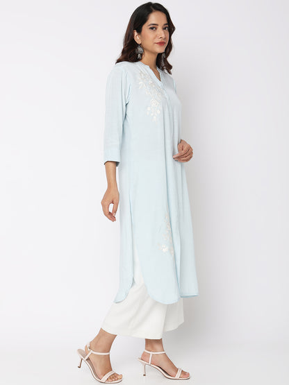 Nylangan Women Wearing Blue Viscose Embroidered Kurta