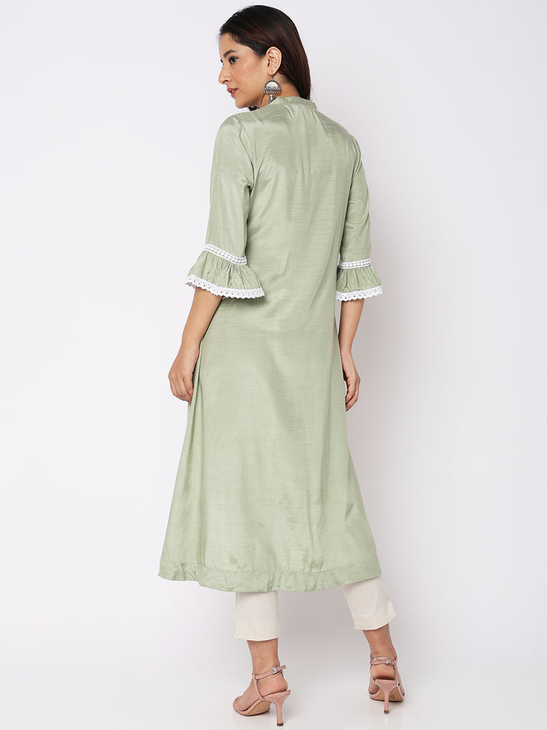 Nylangan Women Wearing Sage Green Viscose Silk Embroidered Kurta