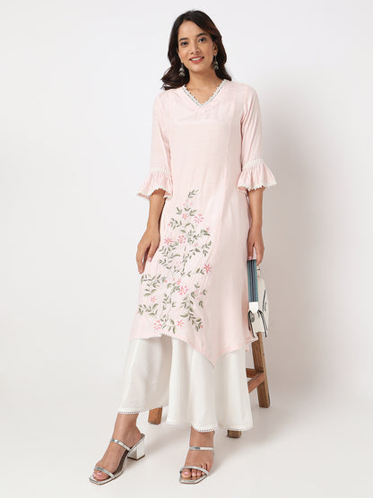 Nylangan Women's Peach Viscose Embroidered Kurta