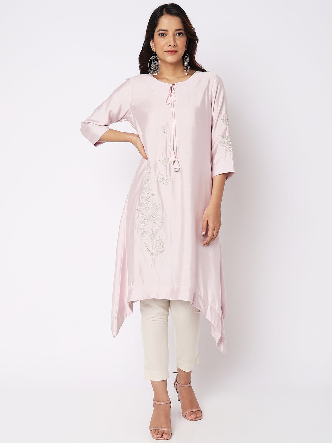 Nylangan Women Wearing Dusty Lilac Chanderi Satin Embroidered Kurta