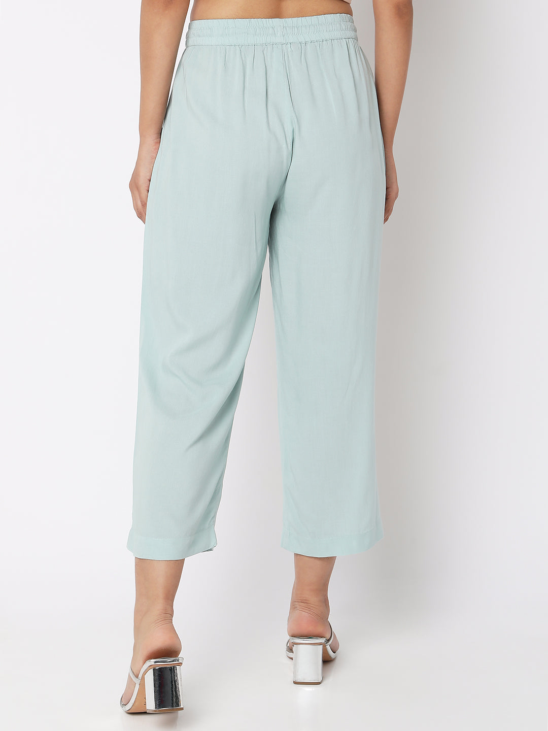 Women Wearing Mint Cotton Solid Palazzo
