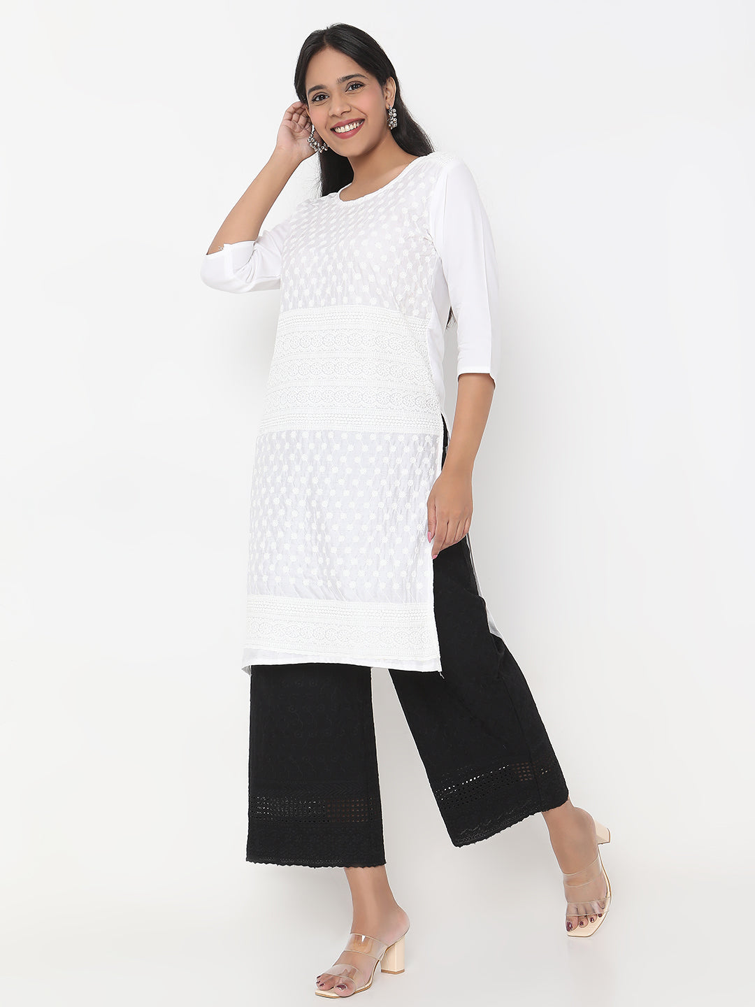 Straight Fit Embroidered Mid Rise Palazzos