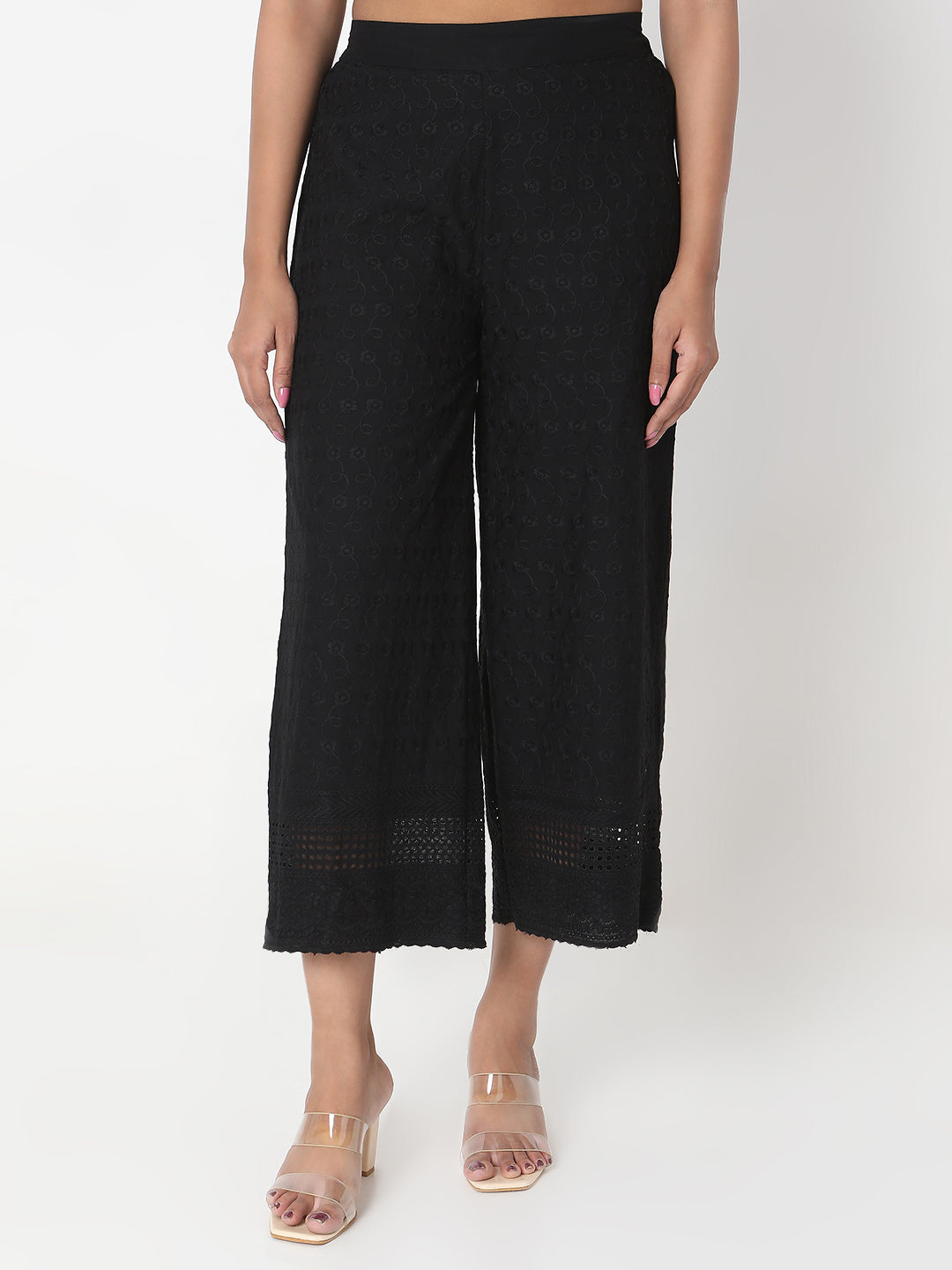 Straight Fit Embroidered Mid Rise Palazzos