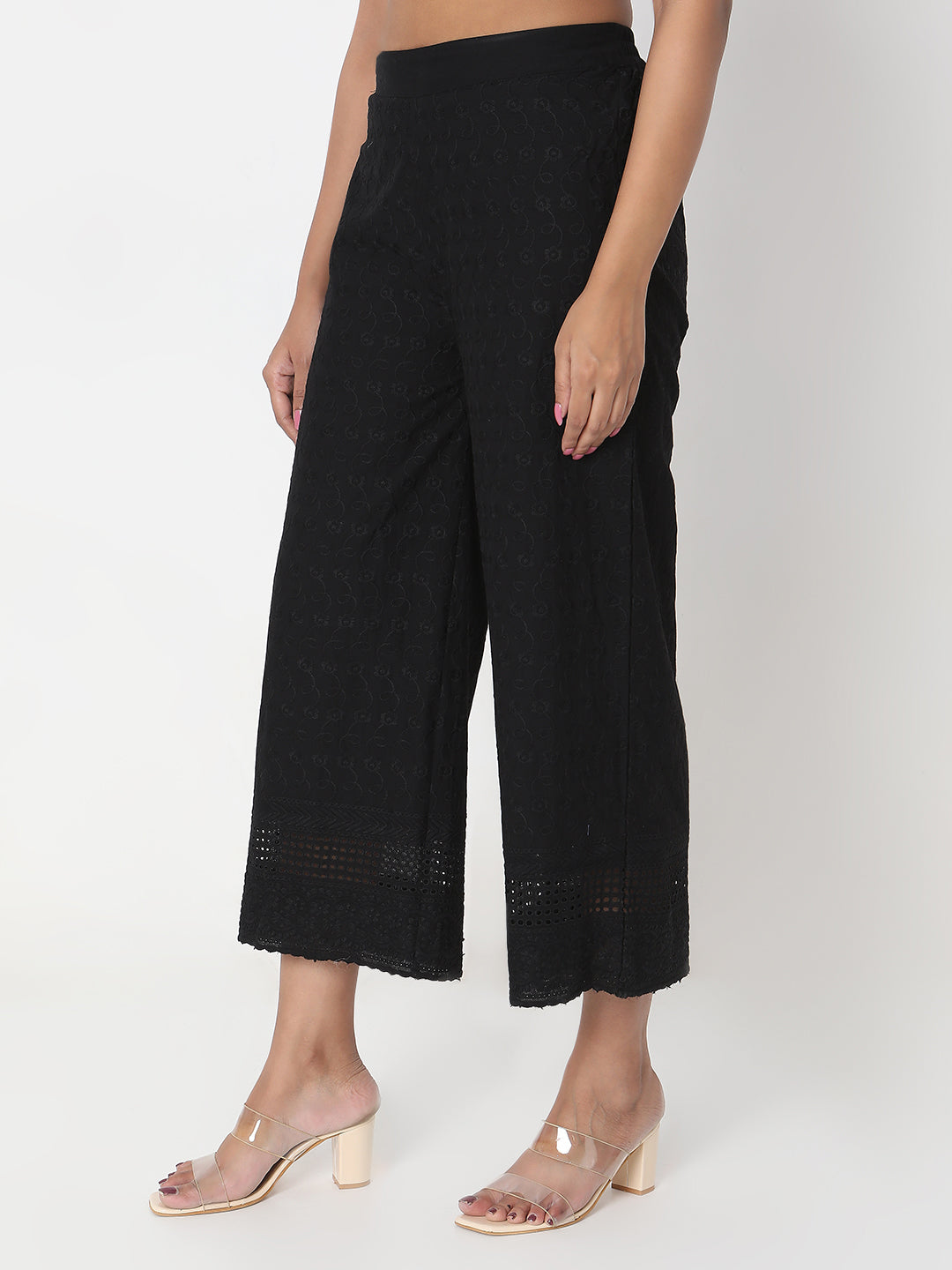 Straight Fit Embroidered Mid Rise Palazzos