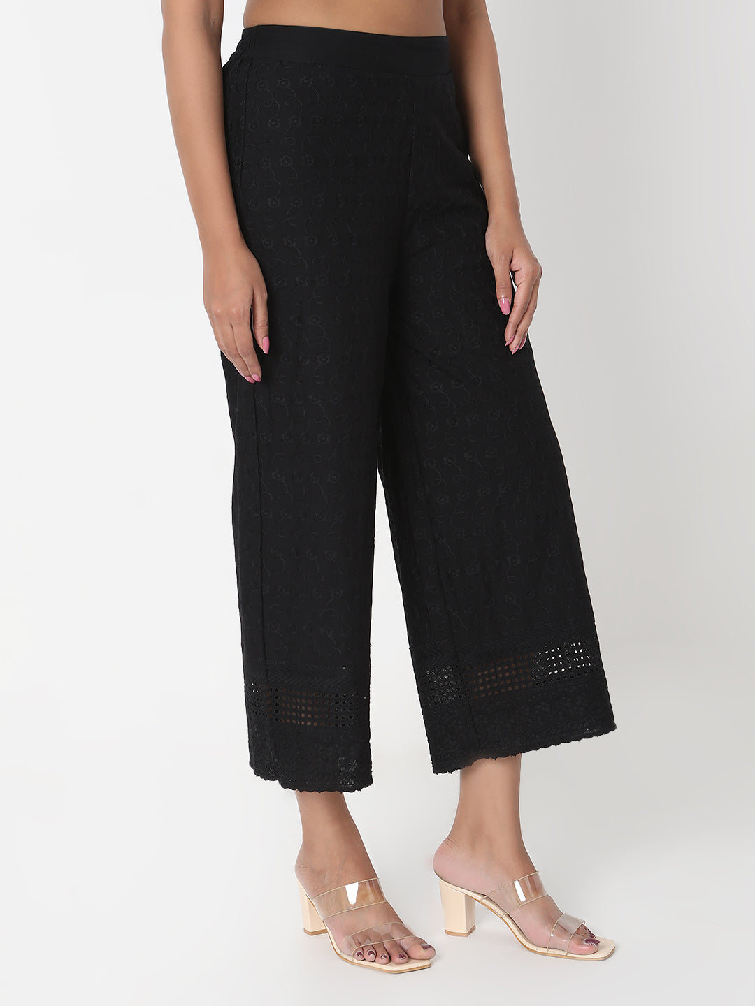 Straight Fit Embroidered Mid Rise Palazzos