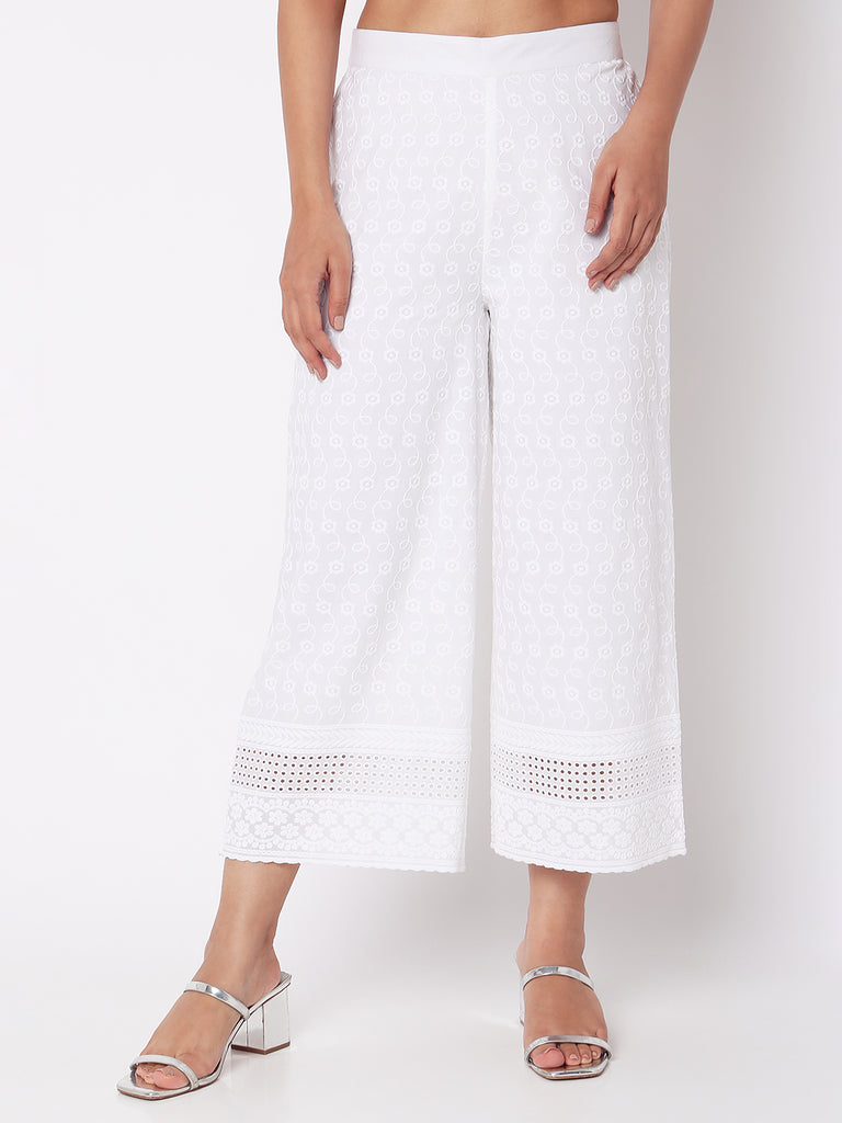 Women Wearing White Cotton Embroidered Palazzo