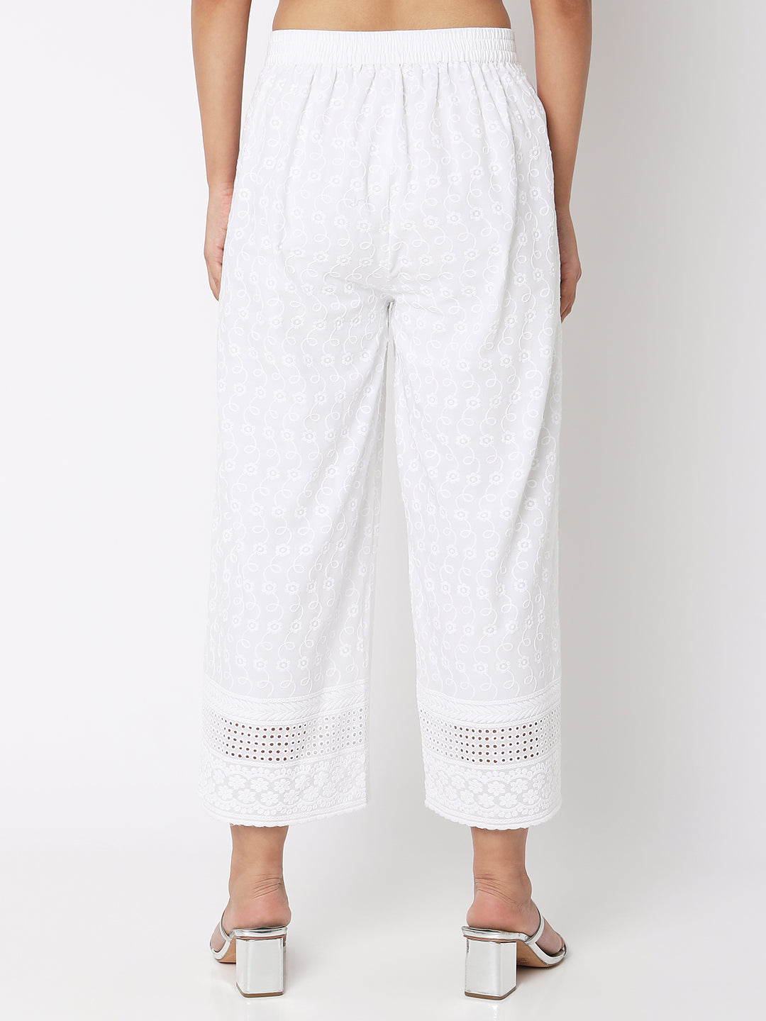 Women Wearing White Cotton Embroidered Palazzo