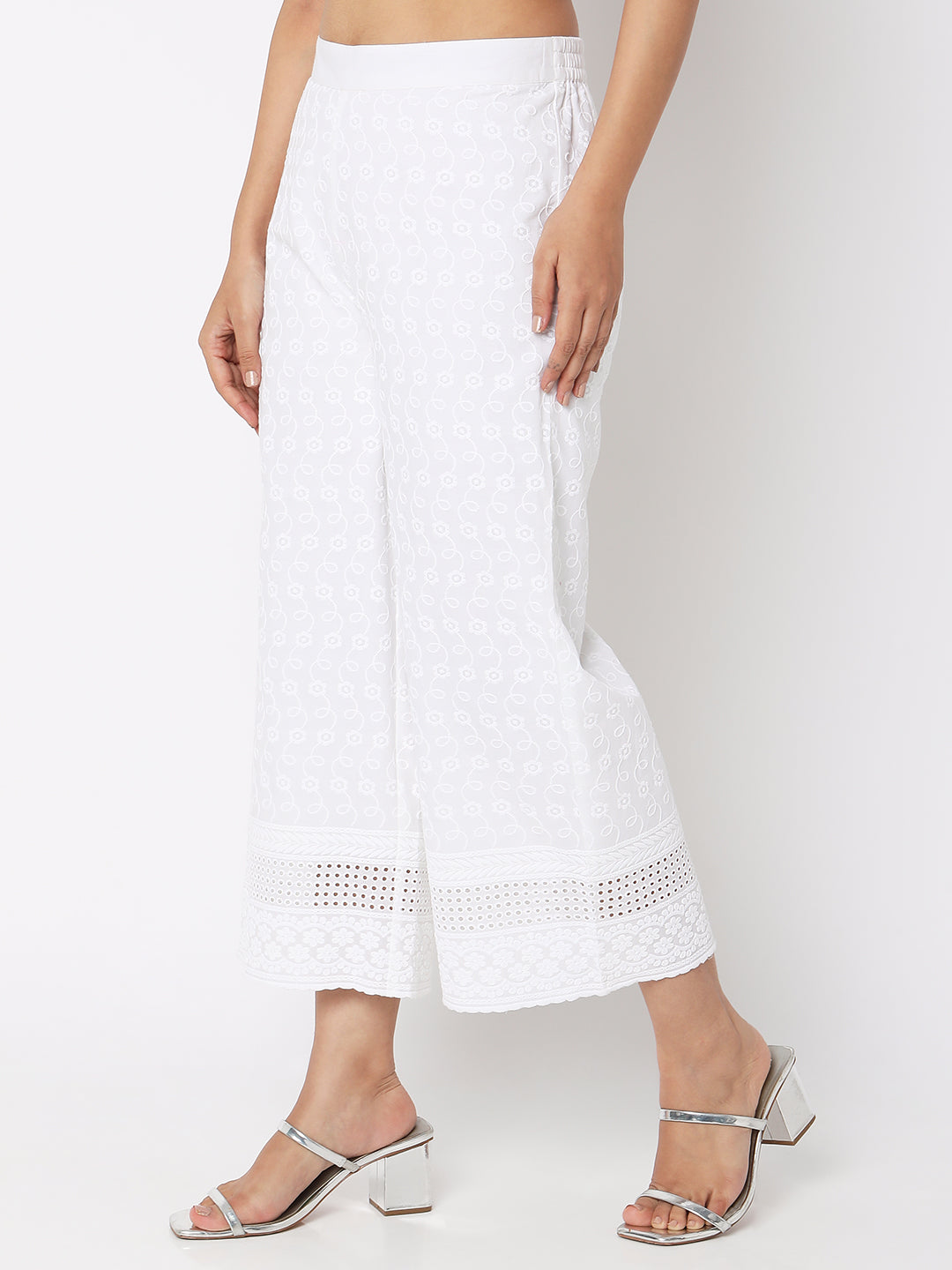 Women Wearing White Cotton Embroidered Palazzo