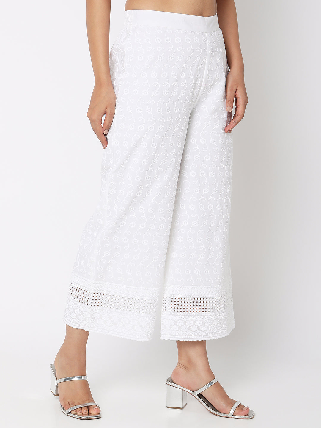 Women's White Cotton Embroidered Palazzo