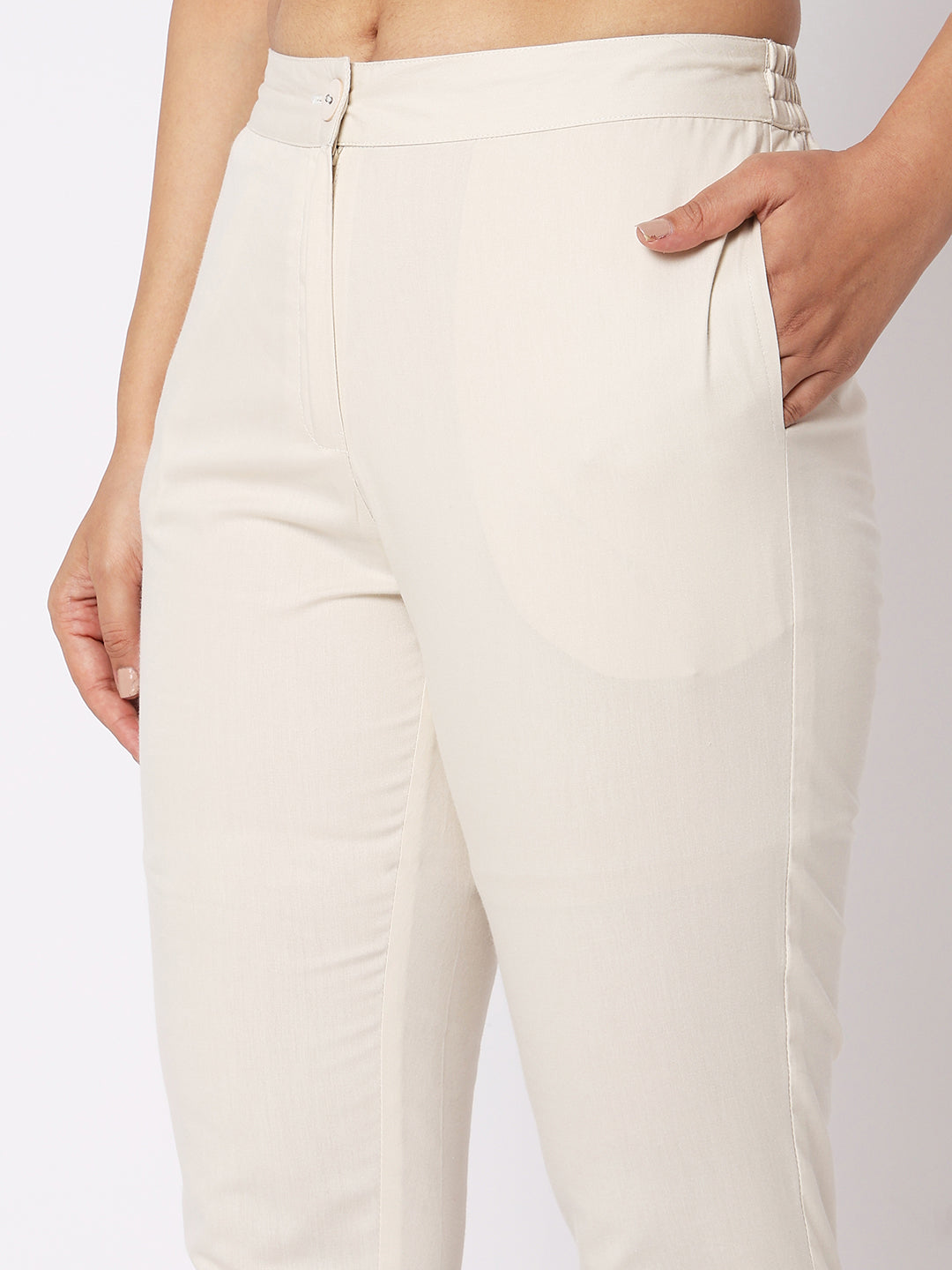 Women Wearing Golden Cream Cotton Solid Pant