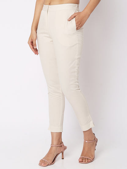 Women Wearing Golden Cream Cotton Solid Pant