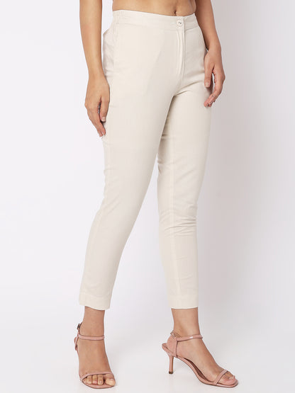 Women's Golden Cream Cotton Solid Pant