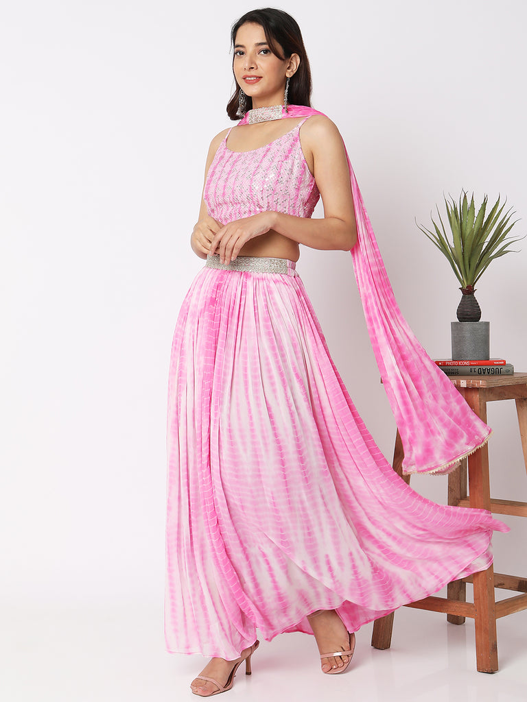 Women Wearing Pink Polyester Embroidered Ethnic Sets