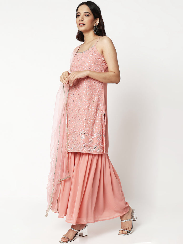 Women Wearing Straight Fit Embellised Ethnic Set