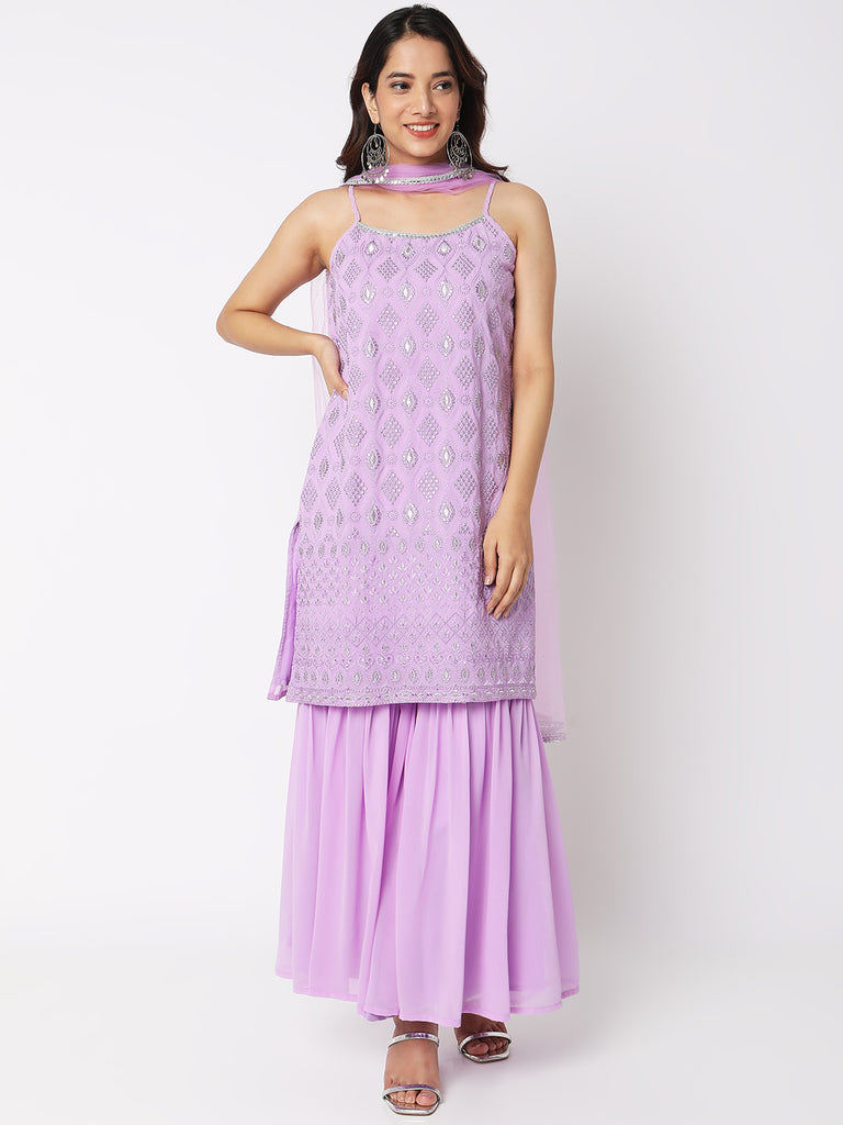 Women Wearing Lilac Polyester Embroidered Kurta Set
