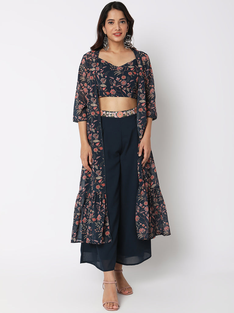 Women Wearing Navy Polyester Printed Ethnic Sets