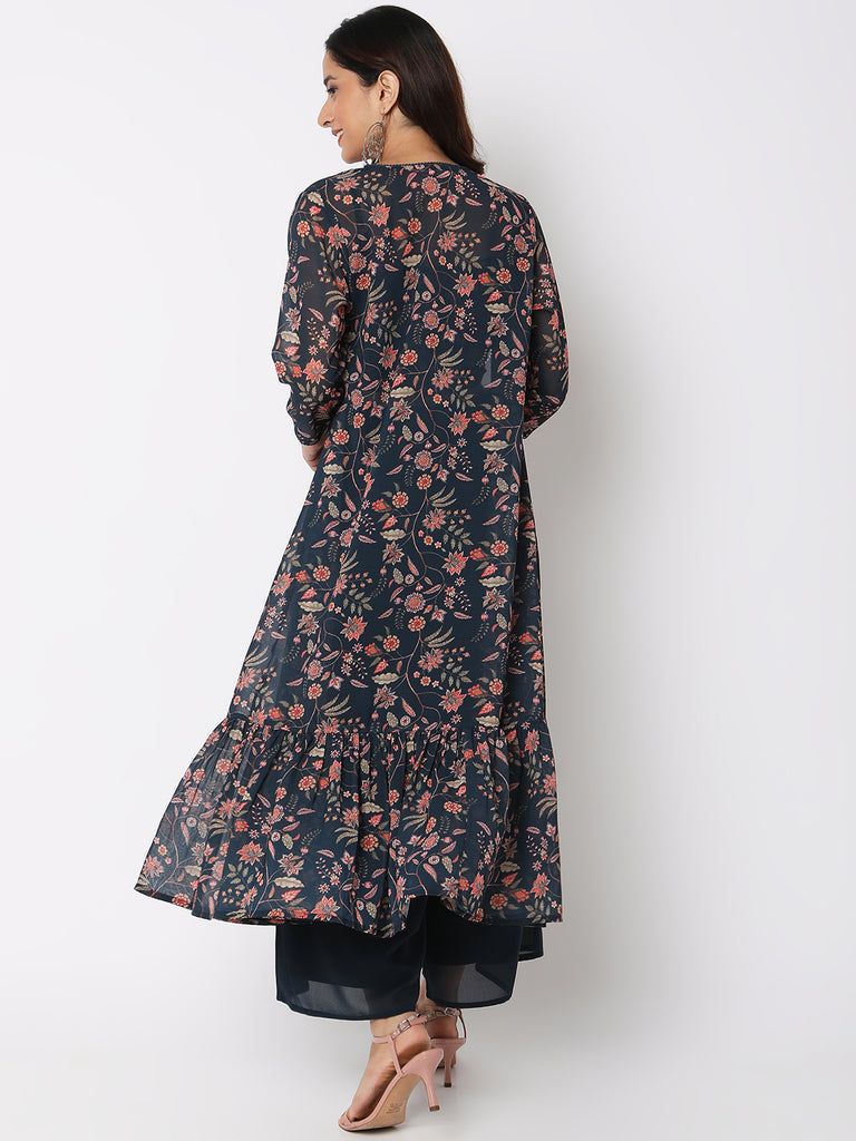 Women Wearing Navy Polyester Printed Ethnic Sets