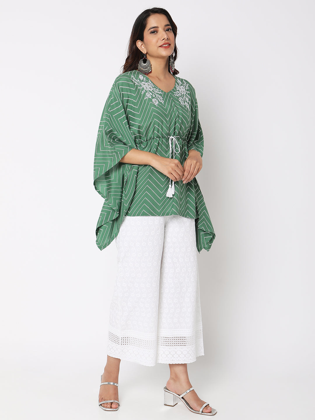 Women Wearing Bottle Green Viscose Embroidered Top