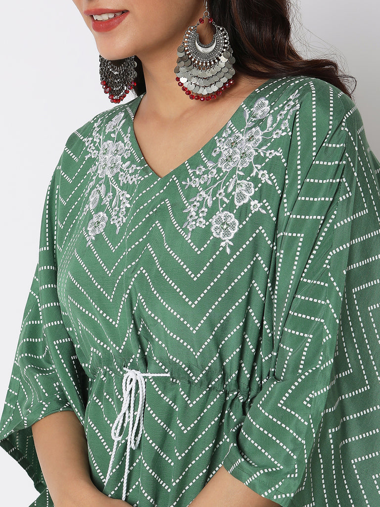 Women Wearing Bottle Green Viscose Embroidered Top