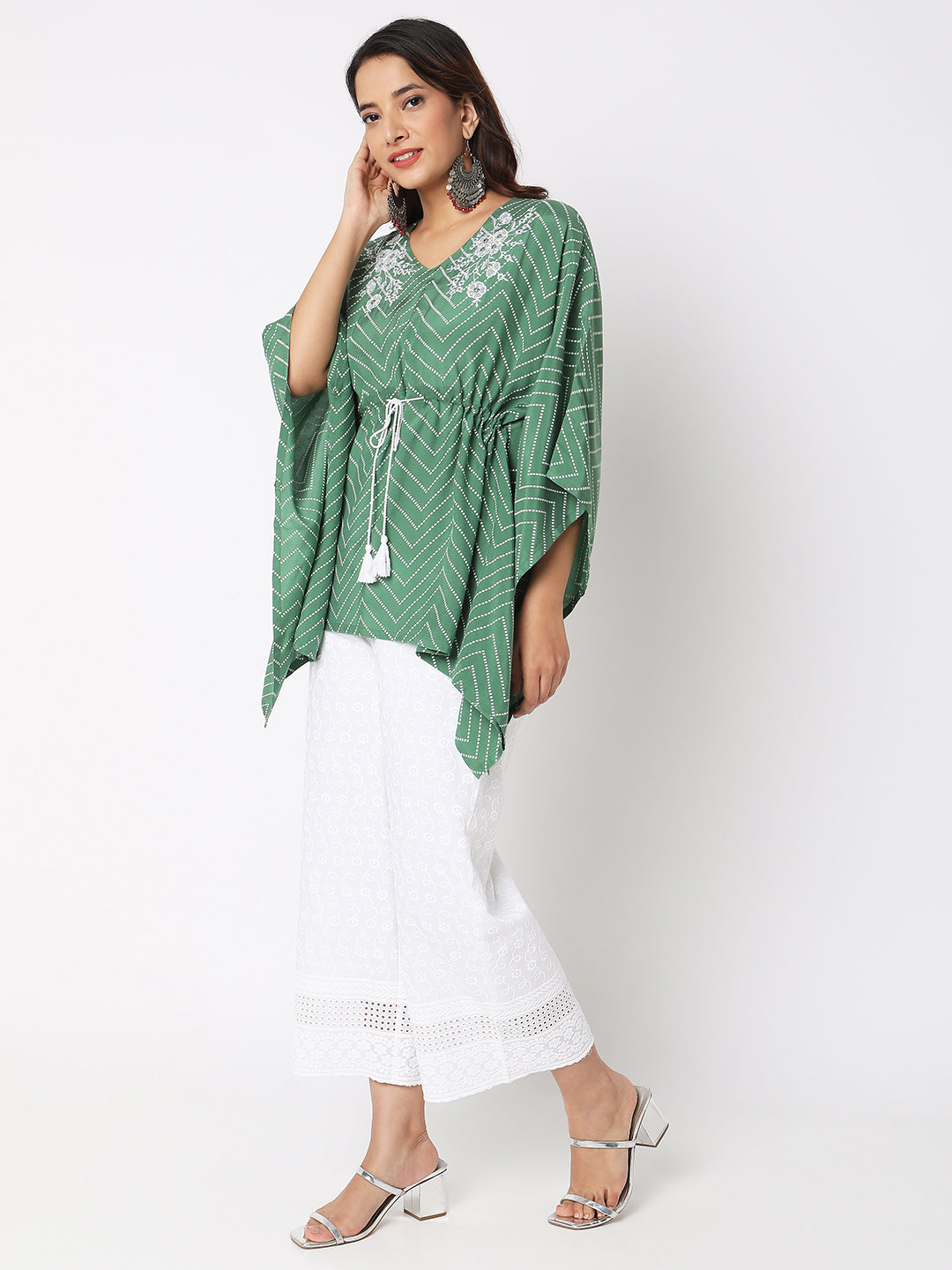 Women Wearing Bottle Green Viscose Embroidered Top