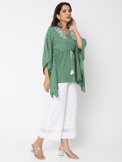 Women Wearing Bottle Green Viscose Embroidered Top