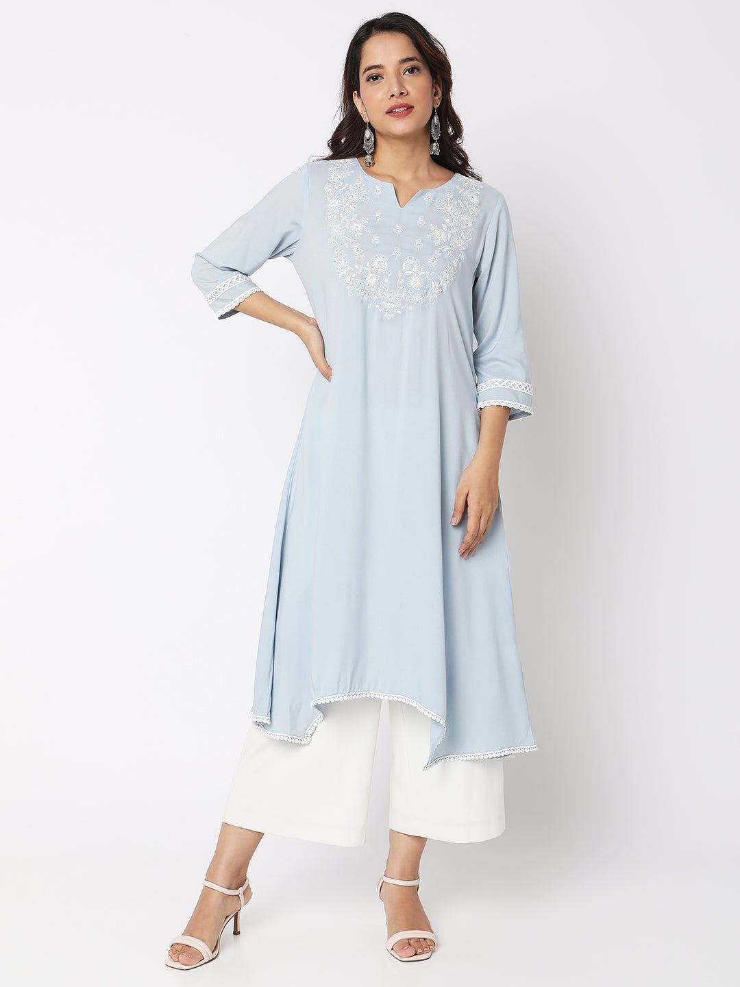 Women Wearing Ice Blue Viscose Embroidered Kurta