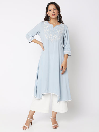 Women Wearing Ice Blue Viscose Embroidered Kurta