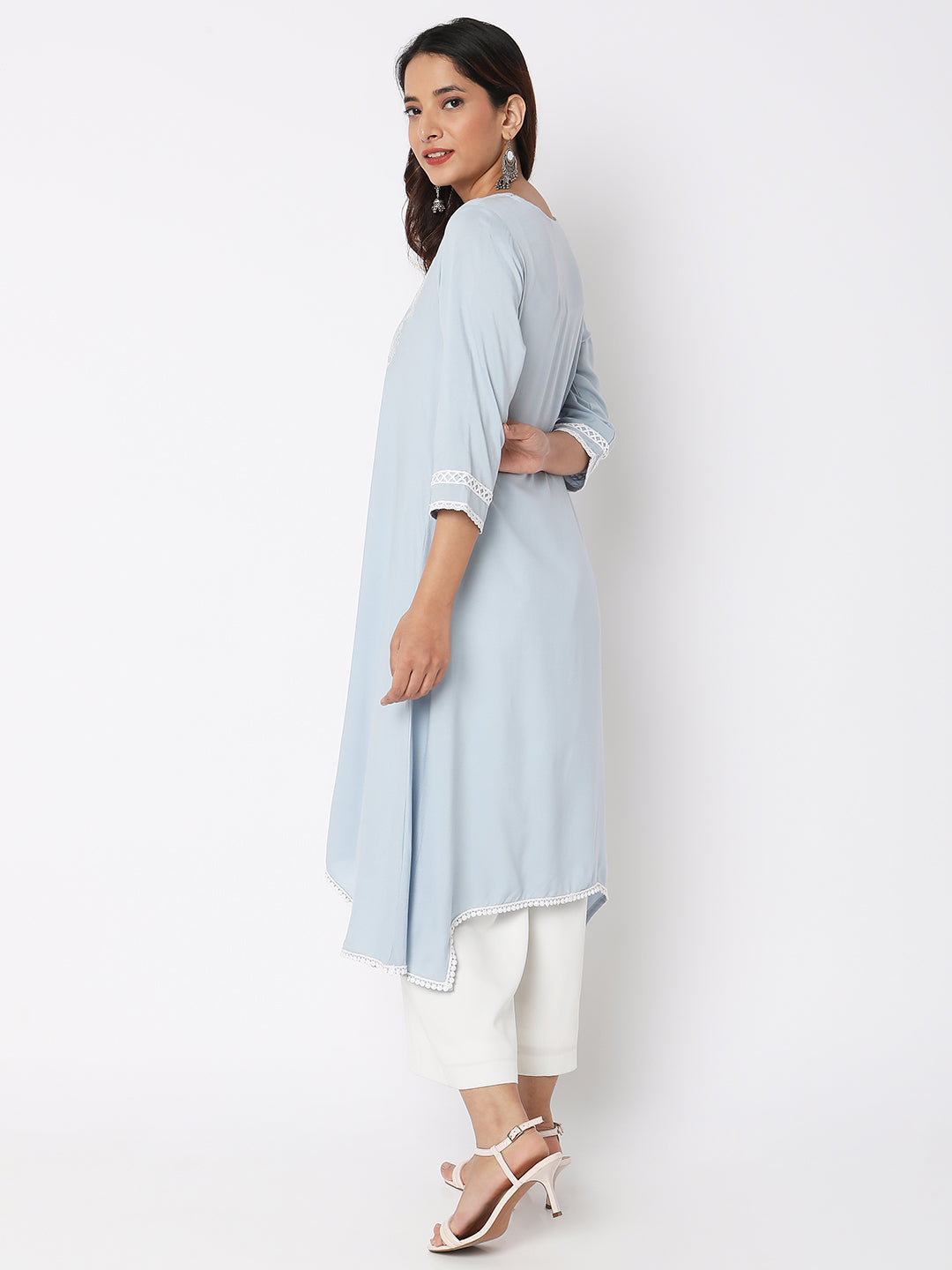 Women Wearing Ice Blue Viscose Embroidered Kurta